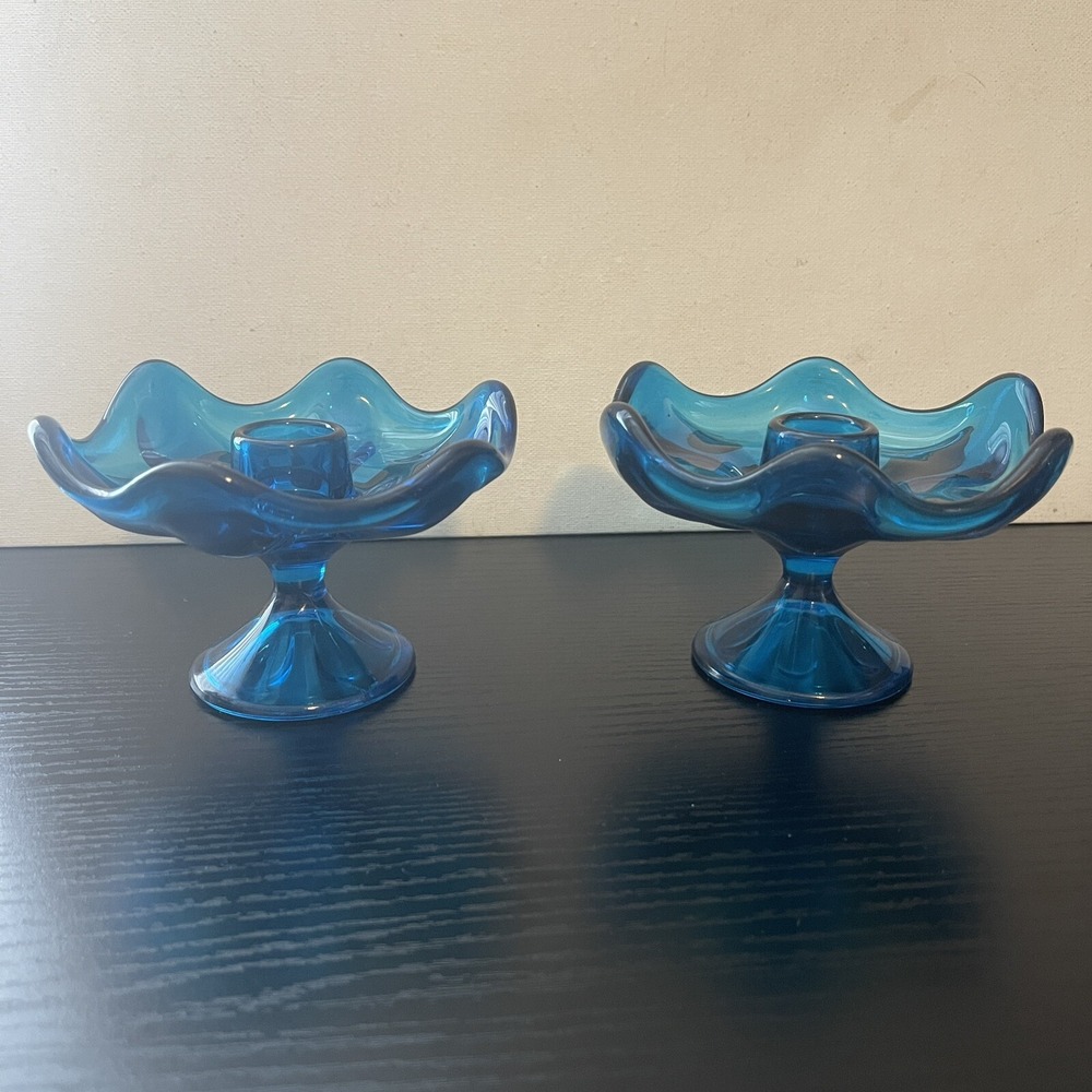 Pair 2x MCM Viking Glass Bluenique 6 Petal Candle Holders Candlestick Holder